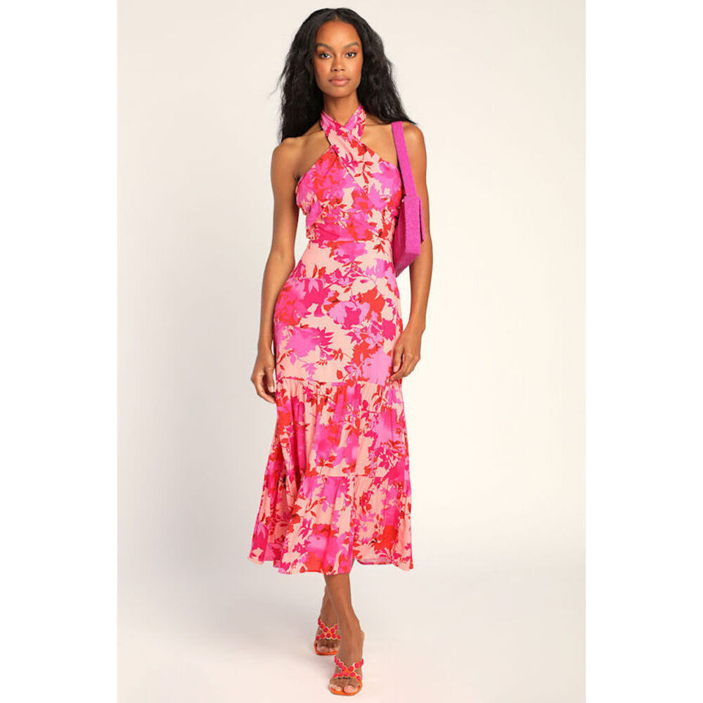 Lulus Always Eye-catching Hot Pink Floral Tiered Halter Midi Dress - Size XL